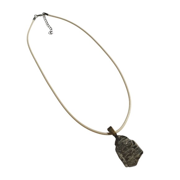 Natural Raw Pyrite Stone Pendant Beige Cord Necklace 17" To 19" Length Gift - Picture 3 of 5